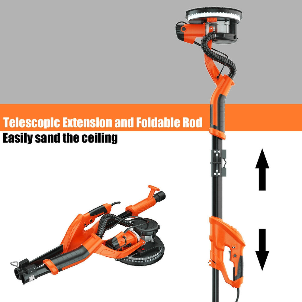 Electric foldable drywall sander with telescopic extension for easy ceiling sanding, featuring a 750W motor and vacuum.
