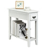Narrow white side table featuring a smooth tabletop and stylish handle, ideal for small spaces in living rooms or.