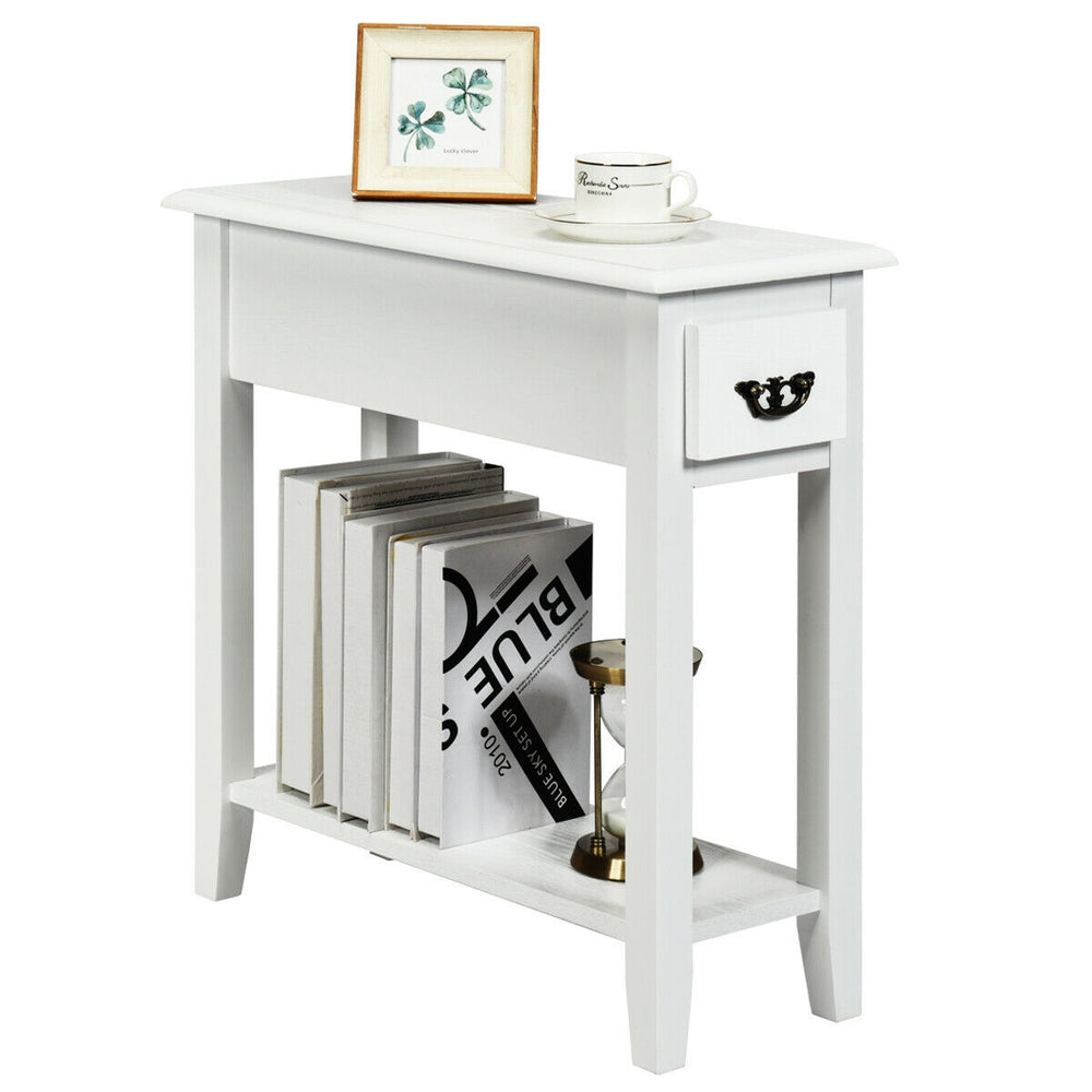 Narrow white side table featuring a smooth tabletop and stylish handle, ideal for small spaces in living rooms or.