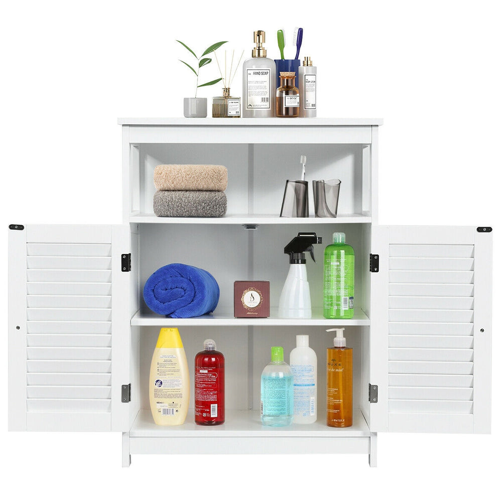 Freestanding white bathroom storage cabinet with double shutter doors, adjustable inner shelf, and ample storage space.