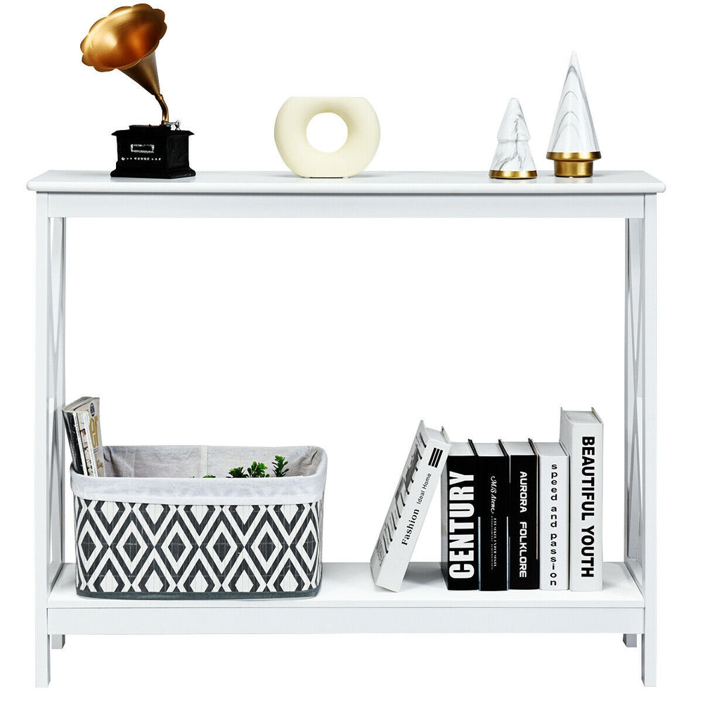White 2-tier console table with X-design, open shelf for storage, ideal for living rooms and entryways.