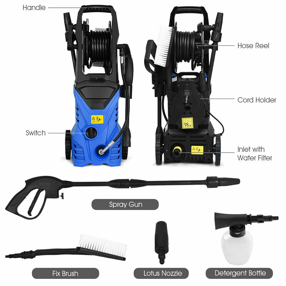 Electric pressure washer with hose reel, 2030 PSI, includes spray gun, detergent bottle, and adjustable nozzle for.