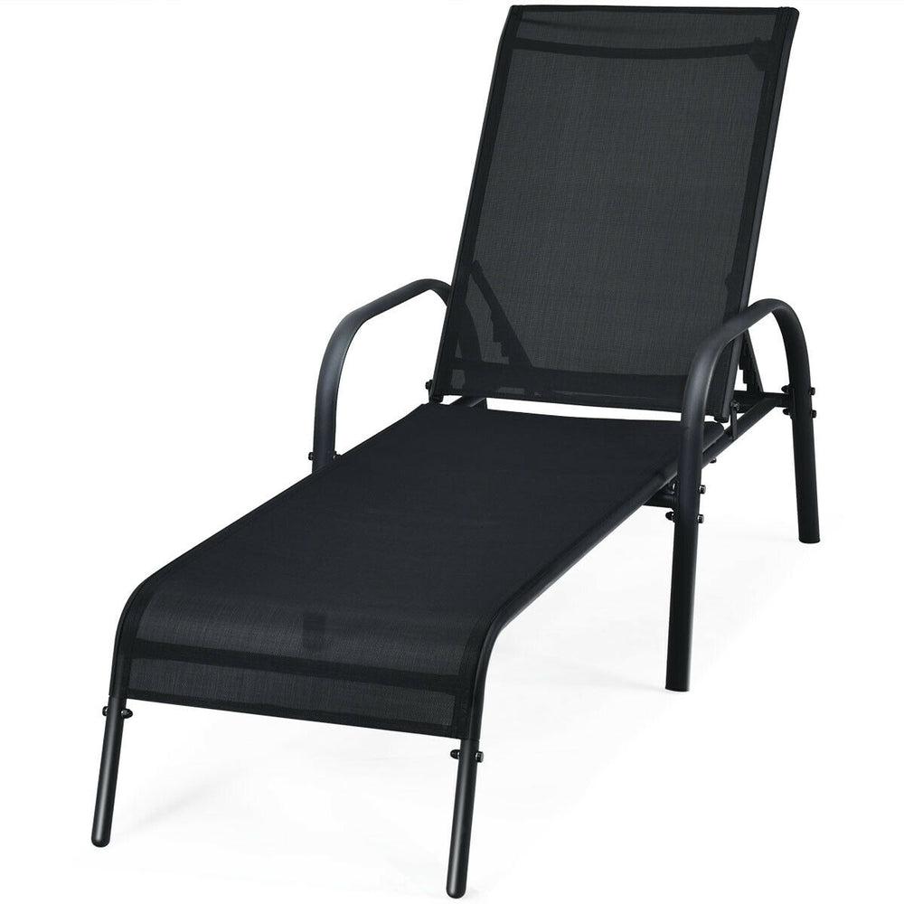 Adjustable black patio chaise lounge chair with five backrest positions, perfect for poolside relaxation and comfort.