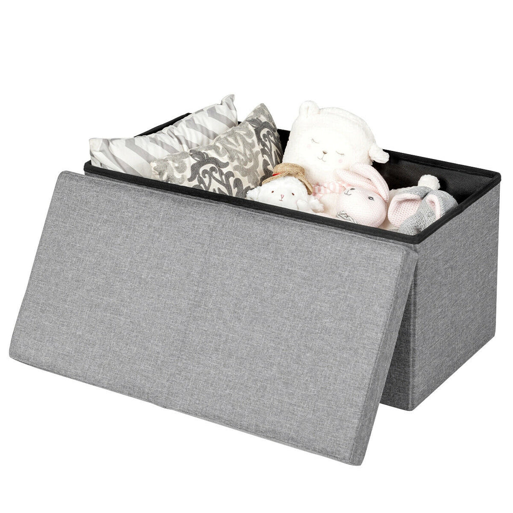Light gray 30-inch folding storage ottoman with lift top, featuring spacious interior for blankets and toys.