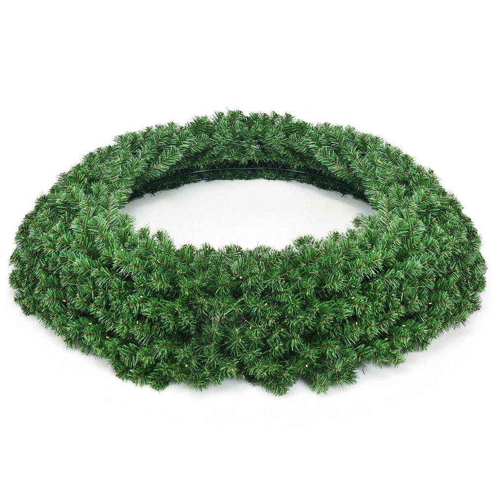 48-inch pre-lit cordless artificial Christmas wreath with 200 LED lights, showcasing a vibrant green color and full.