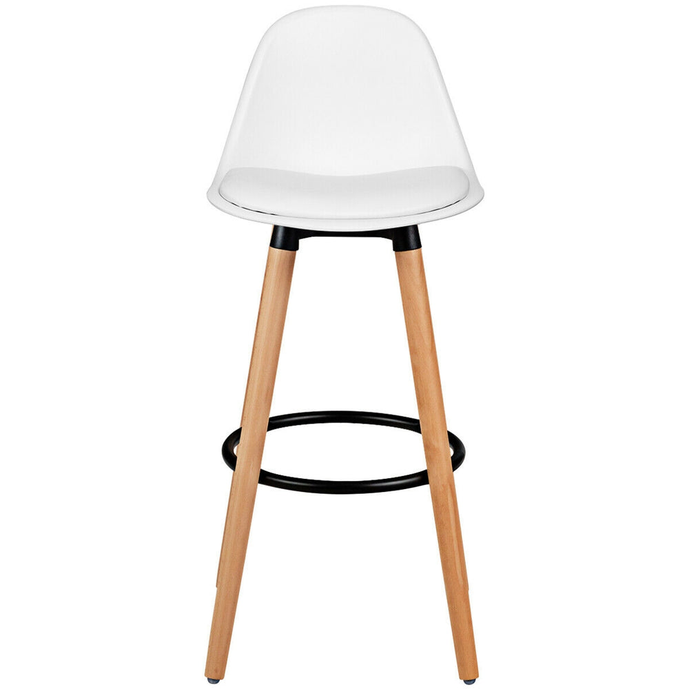 Sleek white mid-century barstool featuring a curved mid back and padded seat, perfect for modern dining or entertaining.