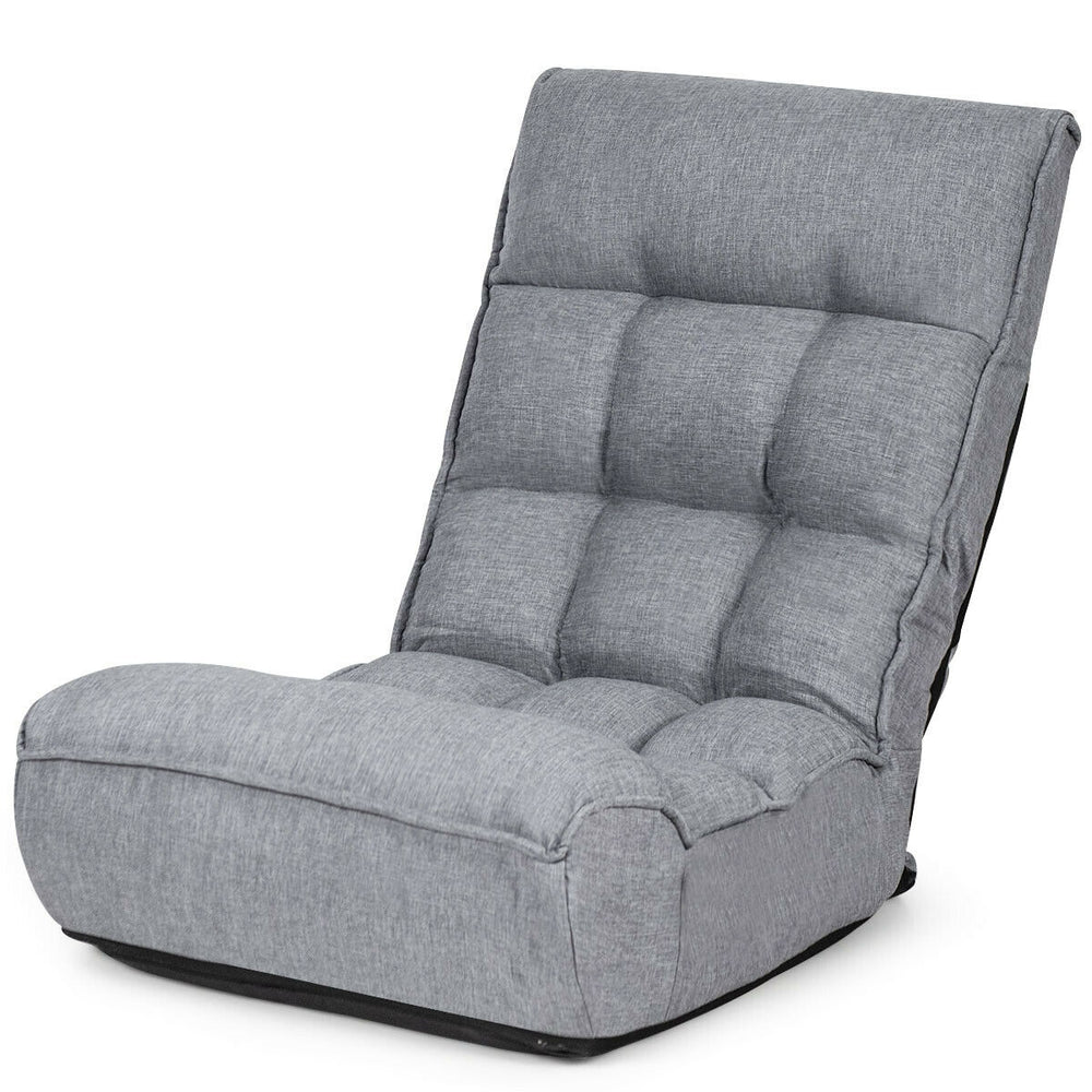 Adjustable gray floor chair with four positions, ergonomic design for gaming, TV watching, or reading.