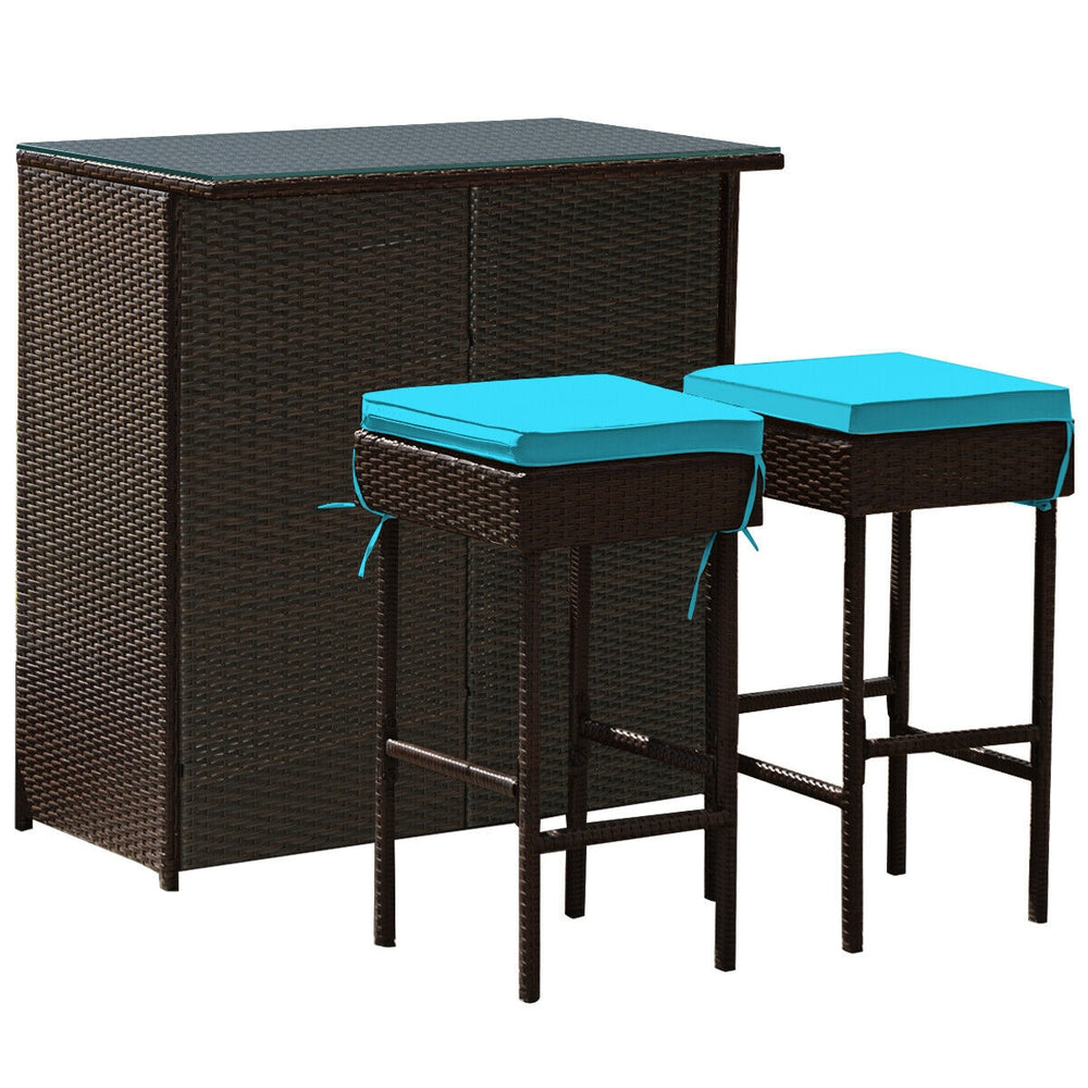 Costway Outdoor Rattan Wicker Bar Set with 2 Cushioned Stools New