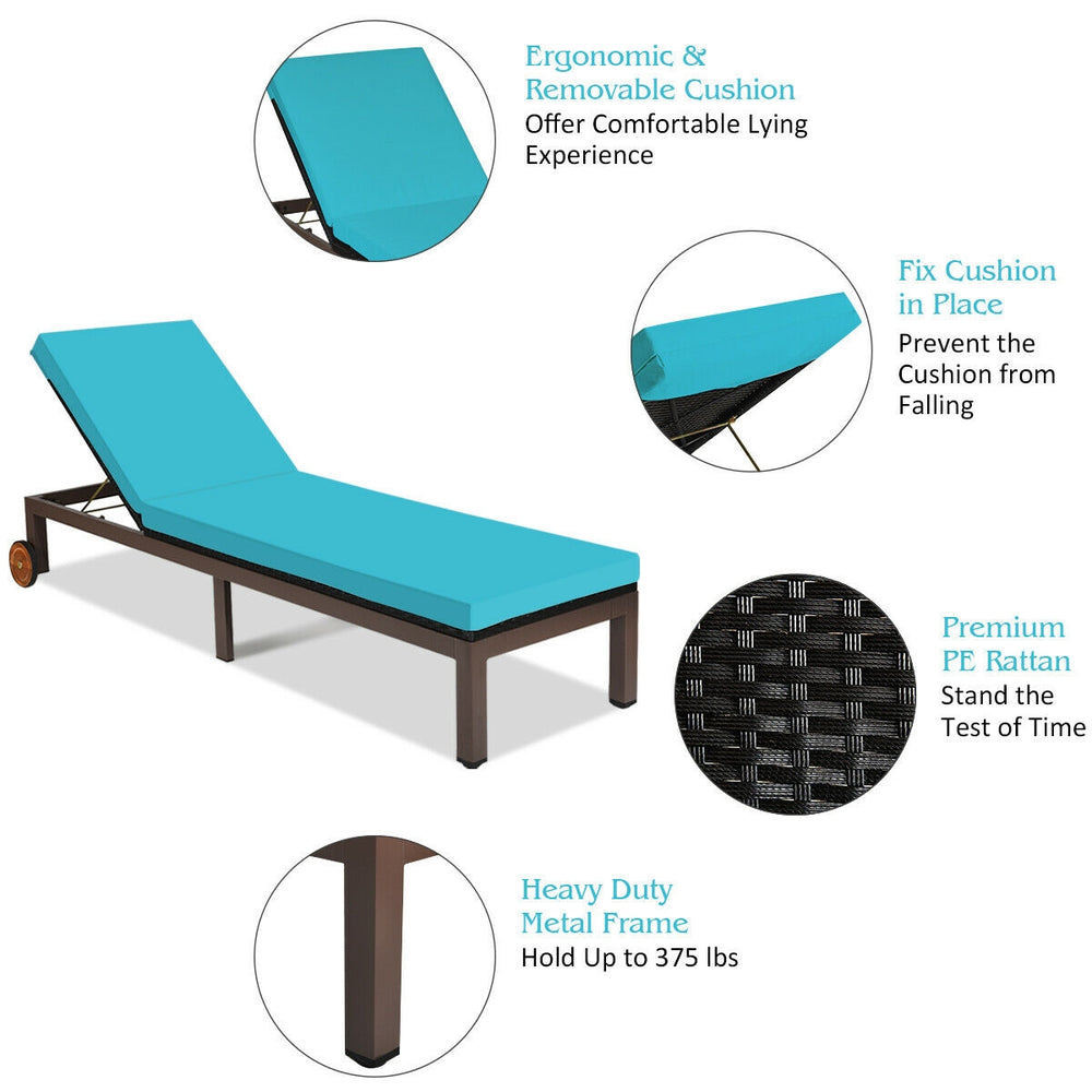 Turquoise outdoor rattan chaise lounge chair with ergonomic cushion and heavy-duty metal frame, ideal for sunbathing.