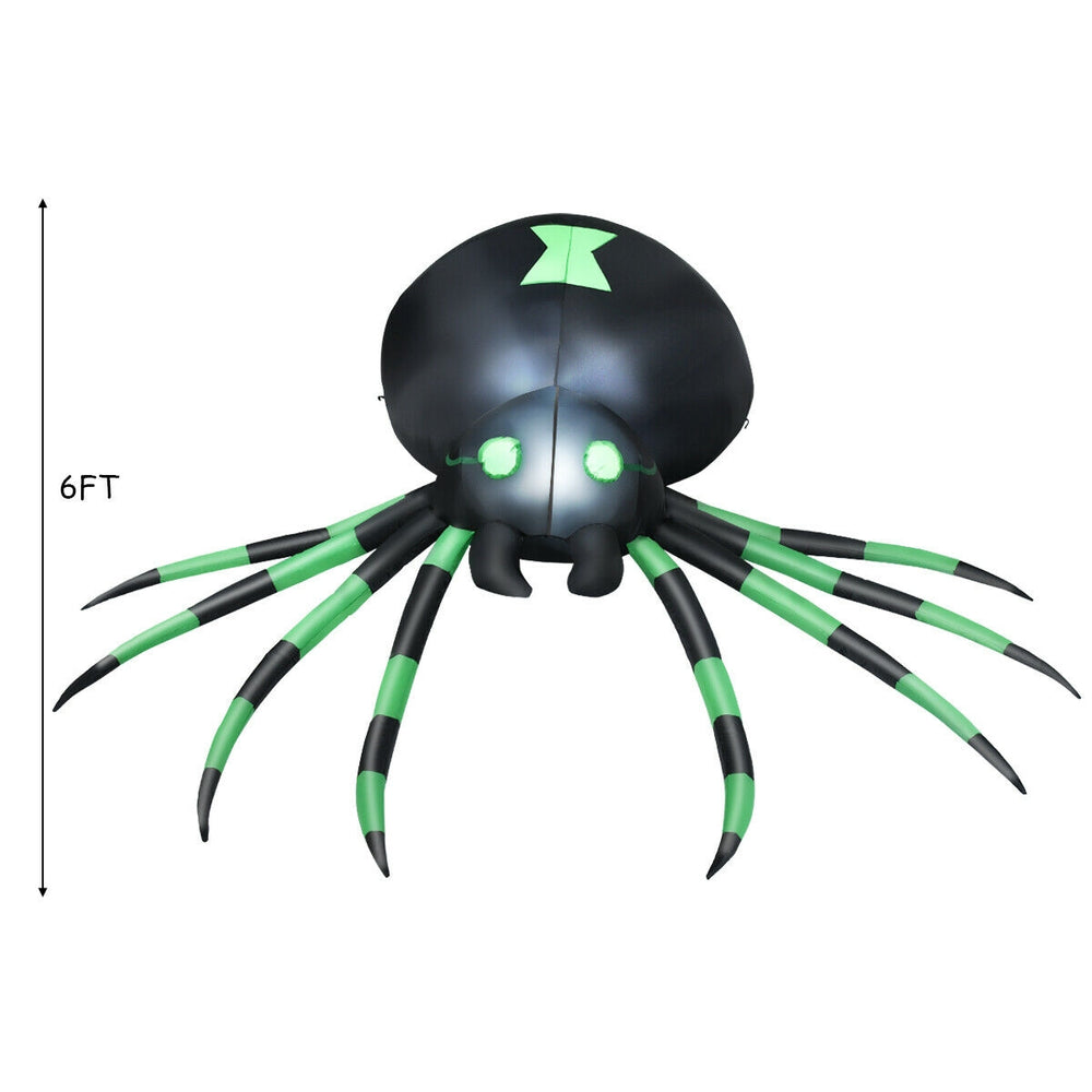 6-foot inflatable Halloween spider with green accents, durable polyester, and internal LED for outdoor decor.