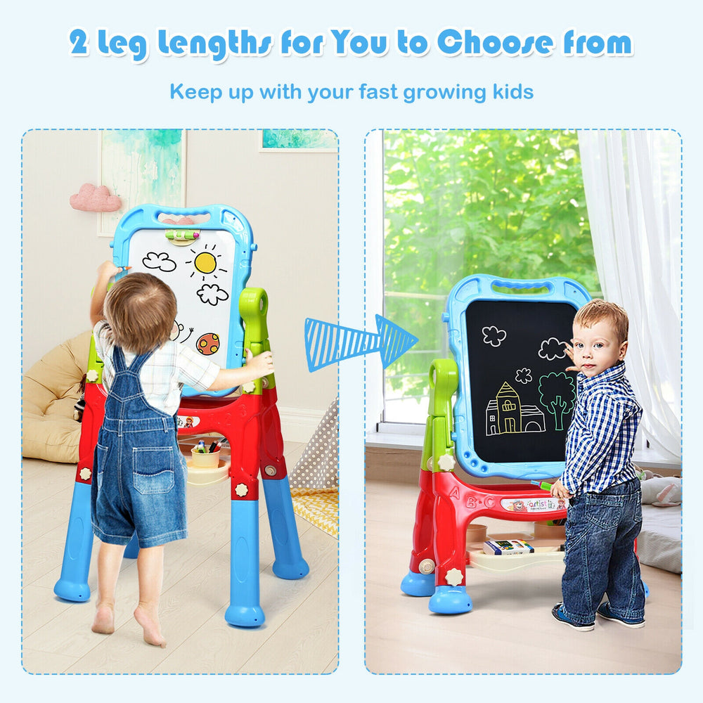 Height adjustable kids art easel with magnetic whiteboard and chalkboard, featuring 2 leg lengths for customized height.