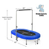 Foldable blue mini trampoline for kids with adjustable height, sturdy steel frame, and foam-padded handle for safety.