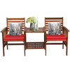Acacia wood loveseat set with red cushions and coffee table, perfect for outdoor patio relaxation and storage.