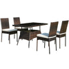 View of the complete 5-piece rattan dining set, showcasing a modern design with a glass table and comfortable chairs.