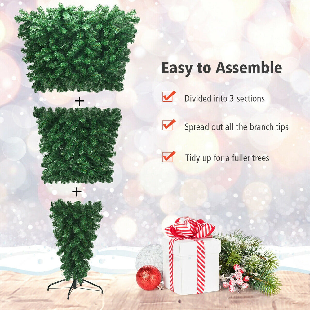Upside down 7 feet artificial Christmas tree with 1000 green PVC branch tips, easy to assemble in 3 sections for.