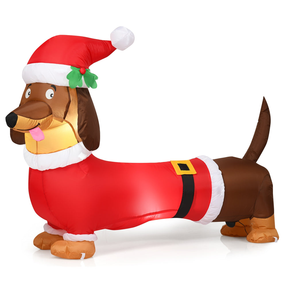 5-foot inflatable Christmas dog wearing a Santa hat, made of durable waterproof polyester, perfect for holiday.