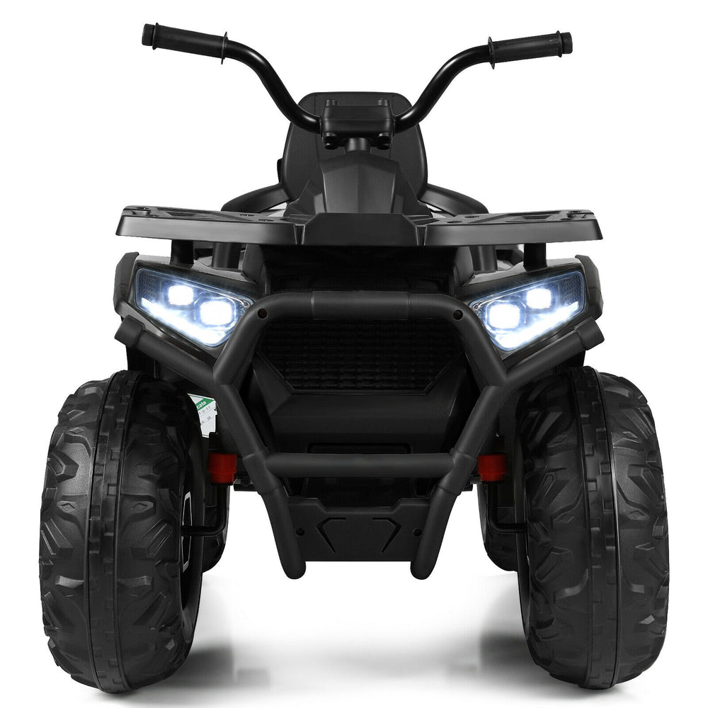 Front view of the 12V kids electric ATV quad in black, featuring LED lights and a sturdy design for safe outdoor fun.