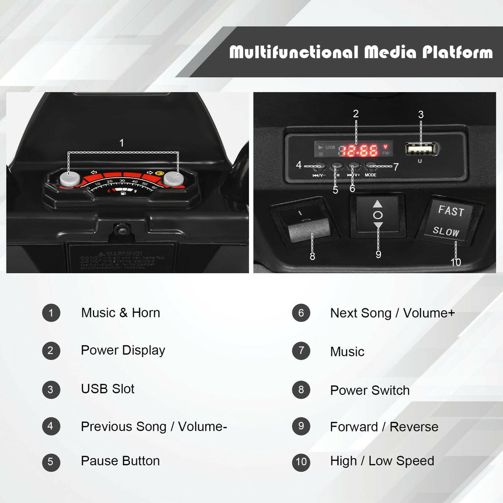 Control panel of the 12V kids ride on ATV featuring music, USB slot, and high/low speed switch for fun driving.