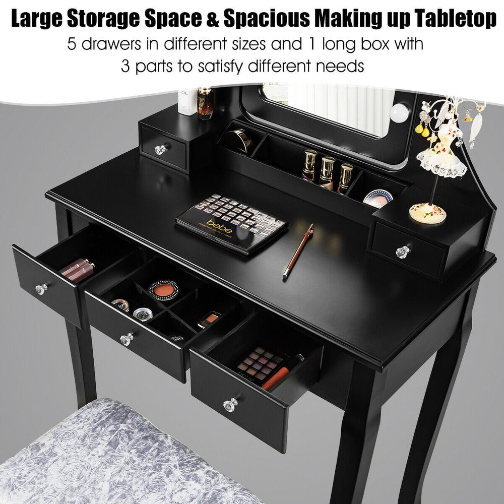 Black vanity dressing table with 5 drawers, cushioned stool, and 10 dimmable bulbs for versatile makeup storage.