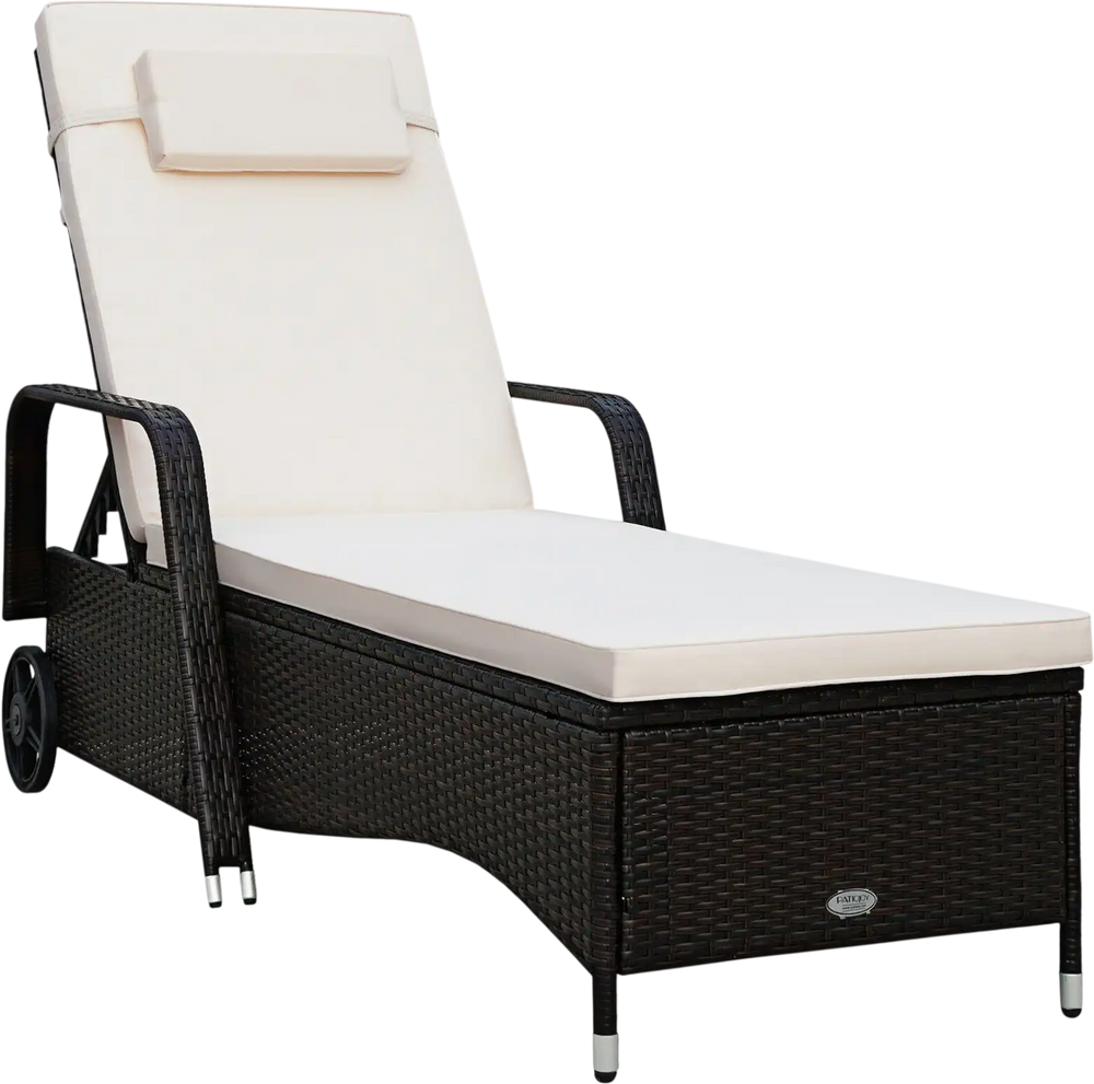 Outdoor chaise lounge with a thick padded cushion and adjustable backrest, featuring wheels for easy mobility and.