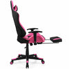 Side view of the pink PU leather gaming chair with adjustable armrests, footrest, and USB massage lumbar pillow.