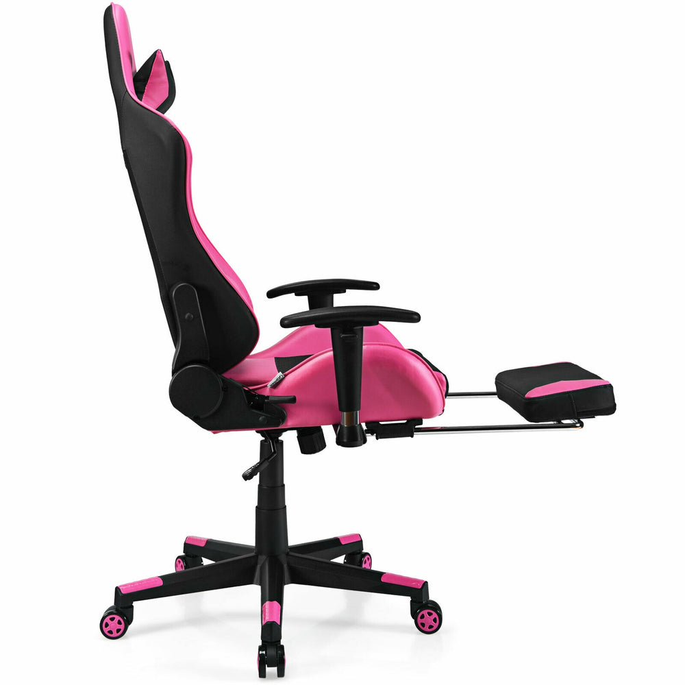 Side view of the pink PU leather gaming chair with adjustable armrests, footrest, and USB massage lumbar pillow.
