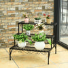 Three-tier metal decorative plant stand in black, featuring a retro design, perfect for indoor or outdoor plant display.