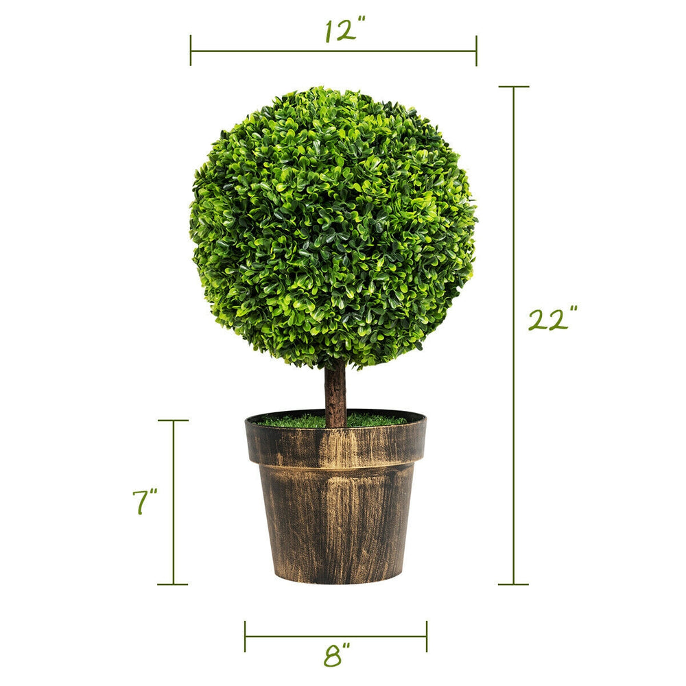 Artificial boxwood topiary ball tree, 22 inches tall with a cement base, perfect for indoor and outdoor decoration.