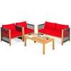 Front view of acacia wood outdoor patio chairs with red cushions, showcasing sturdy construction and elegant design for.