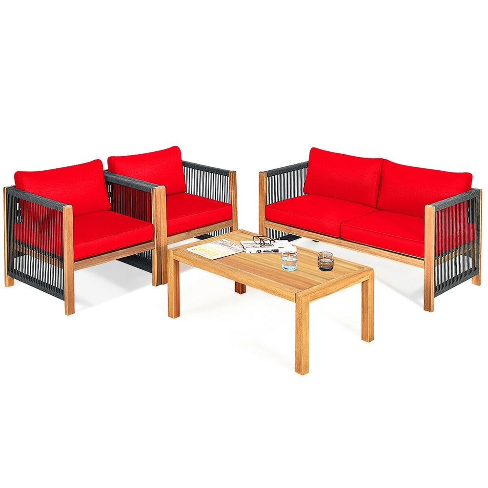 Front view of acacia wood outdoor patio chairs with red cushions, showcasing sturdy construction and elegant design for.