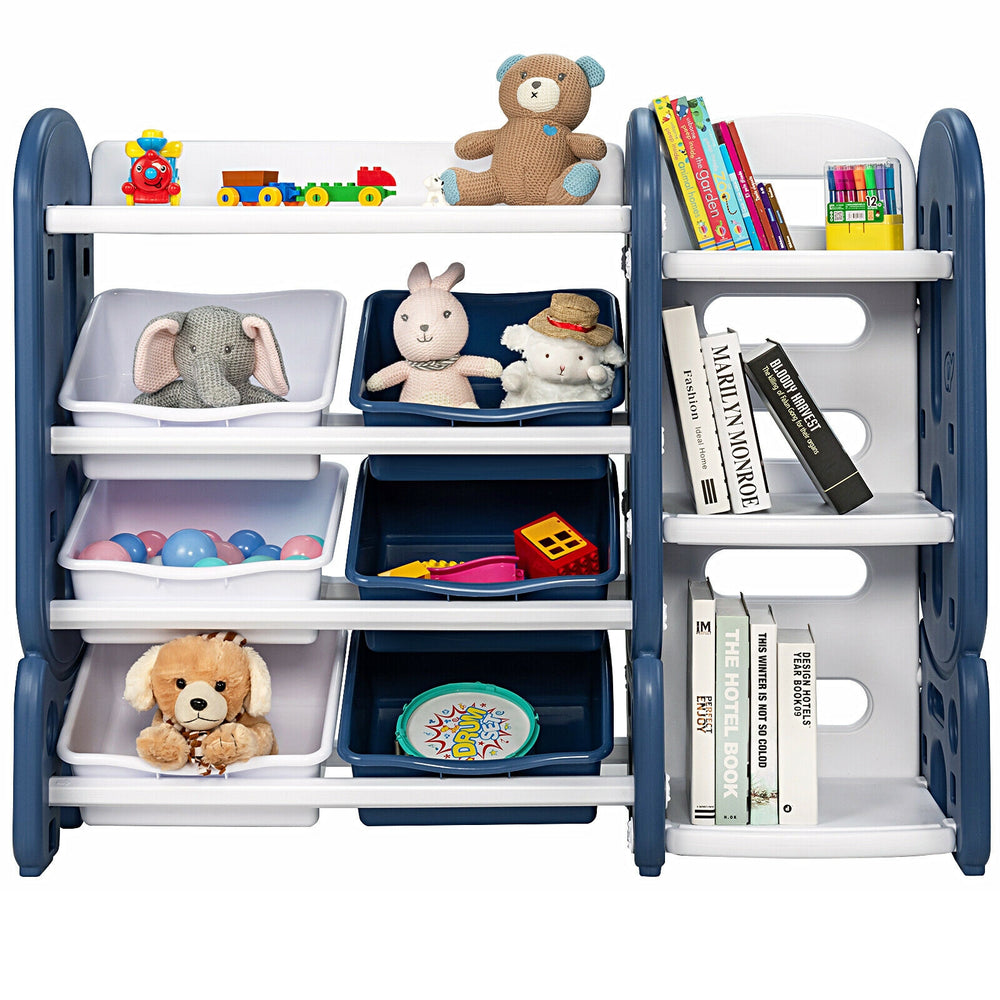 Close-up of the blue HDPE storage bins in the kids toy organizer, featuring tilted openings for easy item retrieval.