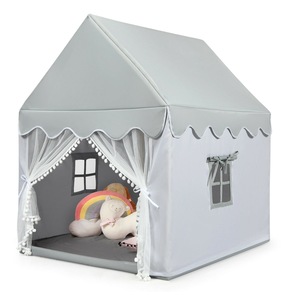 Large gray kids' play castle tent with mesh curtains and soft mat, perfect for indoor and outdoor fun.
