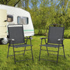Two portable outdoor folding chairs with armrests, featuring a sturdy steel frame and breathable fabric, ideal for.
