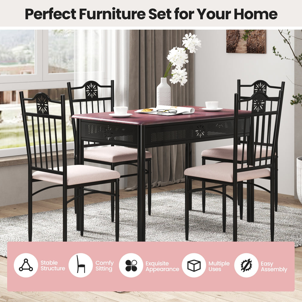 5-piece dining set featuring a wood and metal table with 4 cushioned chairs, perfect for elegant dining experiences.