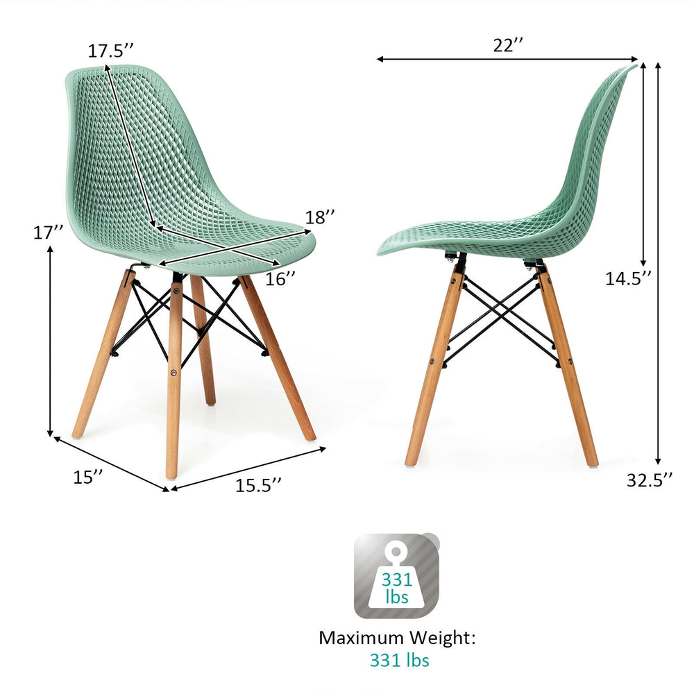 Modern green plastic hollow chair set with wood legs, ergonomic design, 331 lbs capacity, ideal for dining rooms.