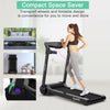 Compact folding treadmill with Bluetooth speaker, digital display, and transport wheels for easy storage and movement.