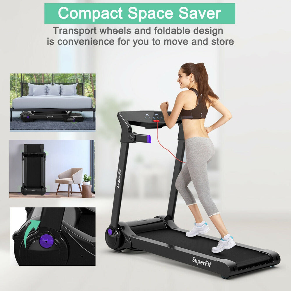 Compact folding treadmill with Bluetooth speaker, digital display, and transport wheels for easy storage and movement.