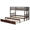 Twin pull-out bunk bed in espresso with trundle and wooden ladder, designed for stability and space-saving versatility.
