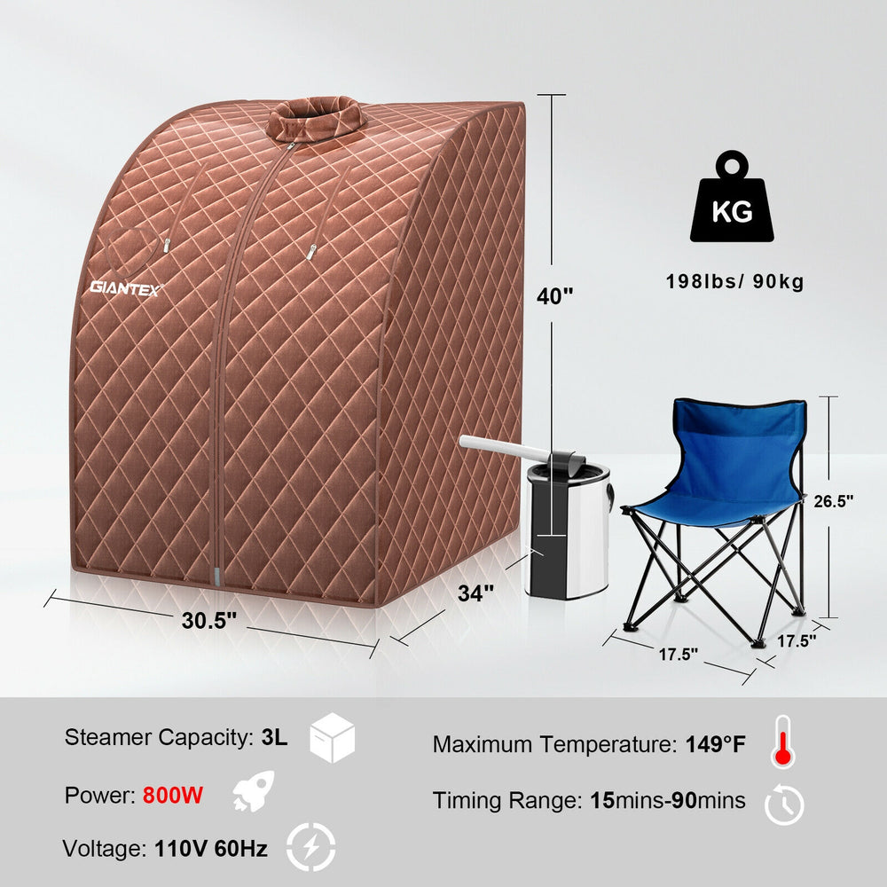 Portable personal steam sauna with 3L steamer, waterproof fabric, and folding chair for home health care and relaxation.