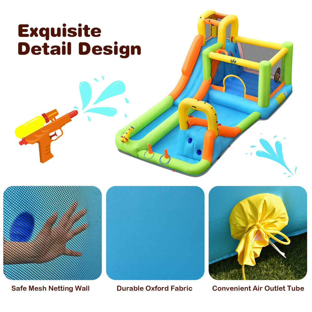 Inflatable water slide park features safe mesh walls, durable oxford fabric, and includes water play accessories for.