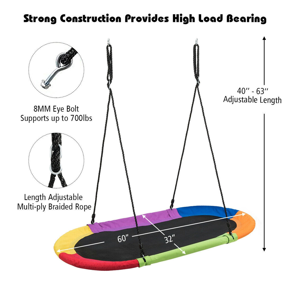 Colorful 60-inch oval swing with adjustable rope, sturdy construction, and 700lbs capacity for outdoor fun.
