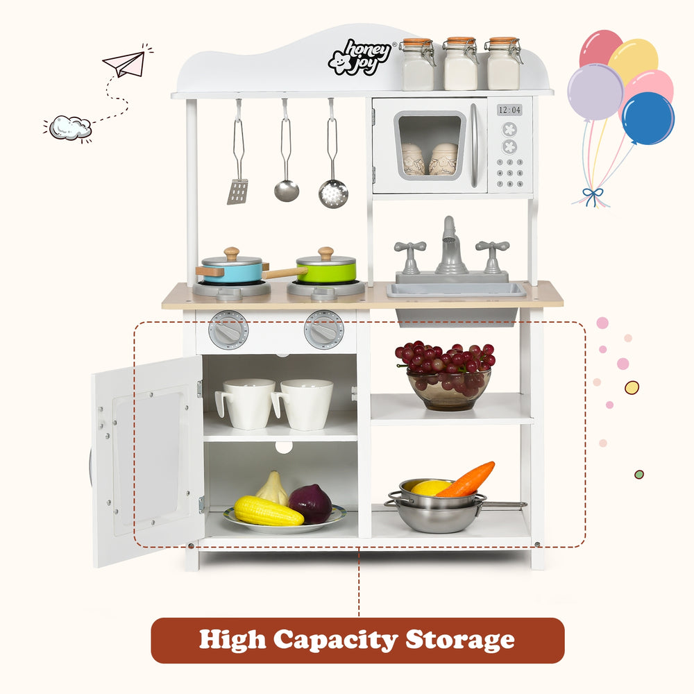Wooden pretend play kitchen set for kids featuring a sink, stove, and ample storage for imaginative cooking fun.