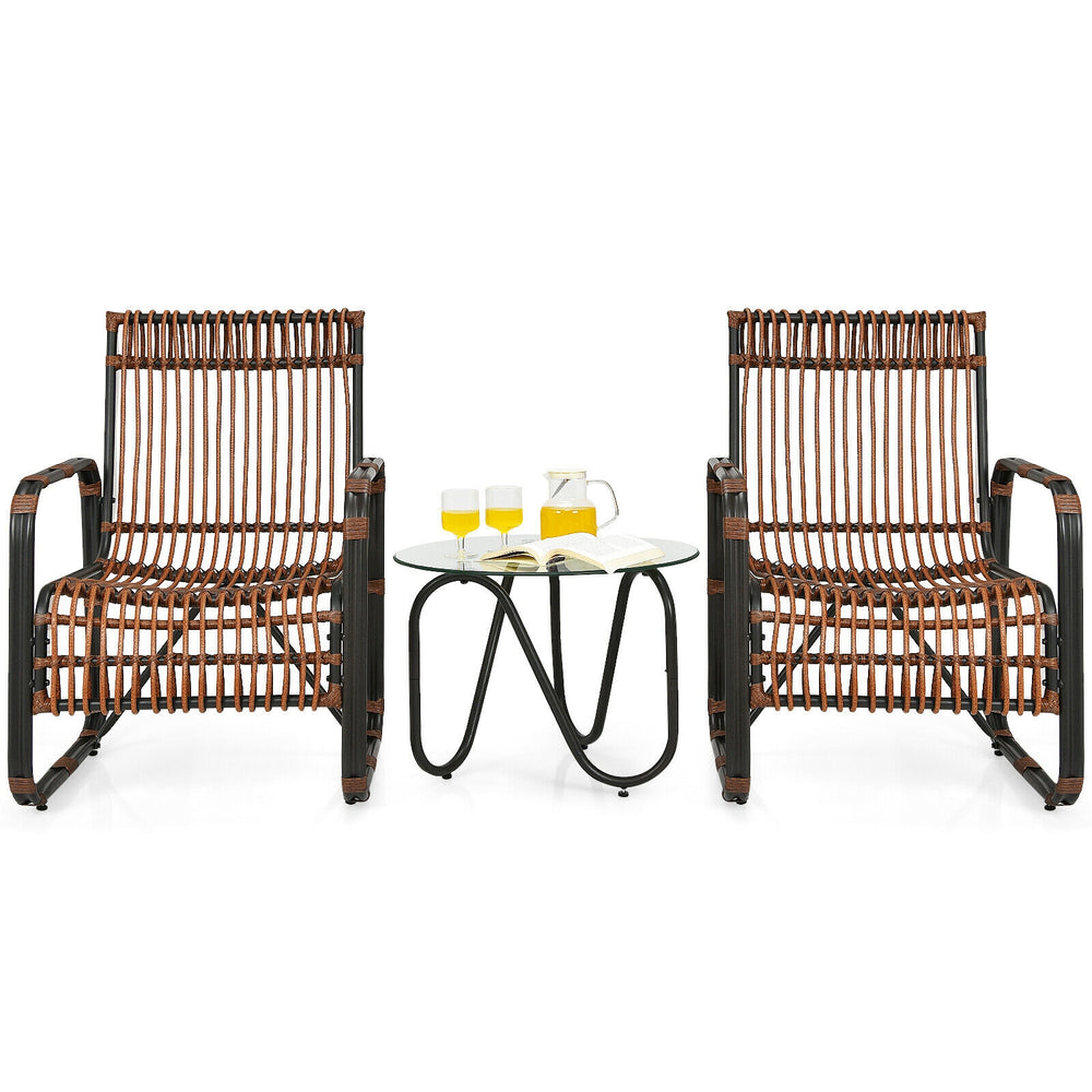 Two single wicker chairs with a glass side table, made of PE rattan, perfect for patio or garden use.