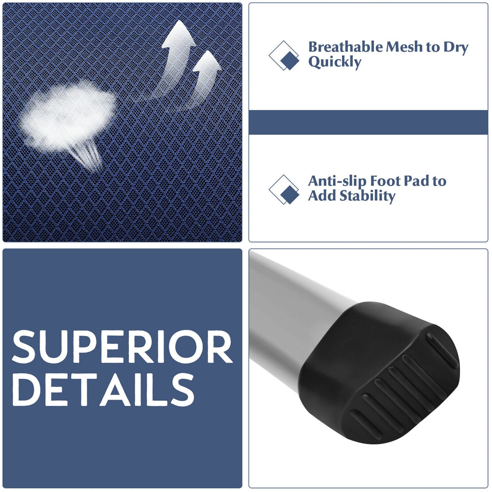 Breathable mesh and anti-slip foot pad detail of the 2-piece blue patio dining chair for enhanced stability and comfort.