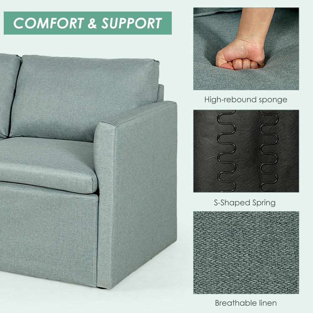 Convertible L-shaped sectional sofa in green with breathable linen, high-density sponge, and slanted backrest for.