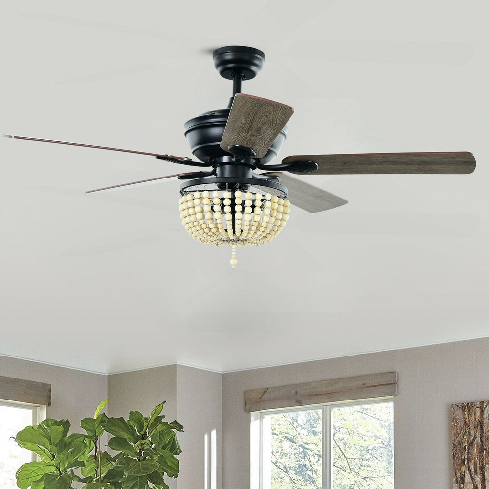 52-inch retro ceiling fan with bead lampshade, reversible blades, and remote control for medium to large rooms.