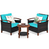Two turquoise cushioned chairs with a wooden coffee table, perfect for outdoor relaxation in a patio setting.