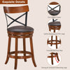 Bar stool with rubber wood legs, 360-degree swivel, soft PVC seat, and curved backrest for comfort and stability.