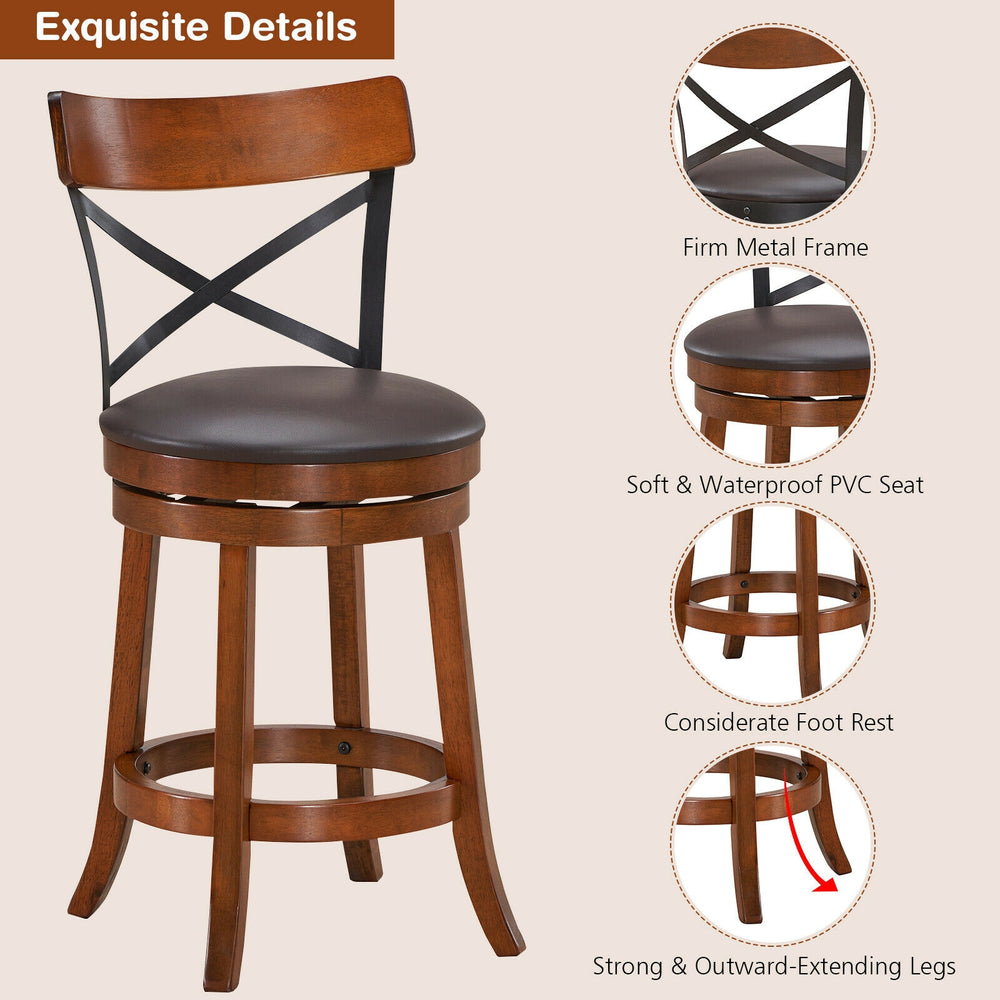 Bar stool with rubber wood legs, 360-degree swivel, soft PVC seat, and curved backrest for comfort and stability.