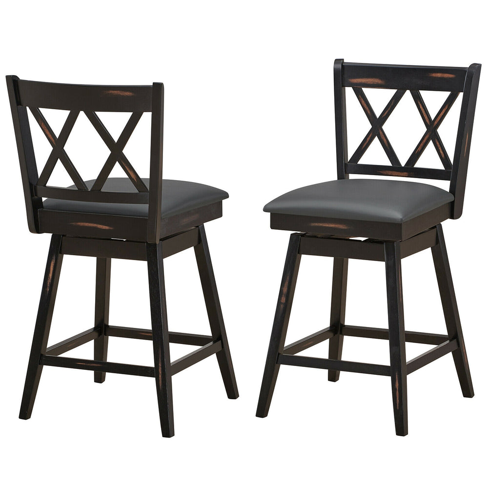 Set of 2 black swivel counter height barstools with rubber wood legs, featuring soft sponge seats for comfort.